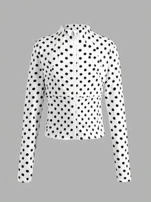 SHEIN 青少年女孩四季通用春夏秋冬運動防曬外套，復古波點印花拉鍊開襟衫，修身跑步健身瑜伽運動外套 - 黑與白 - 查看 3