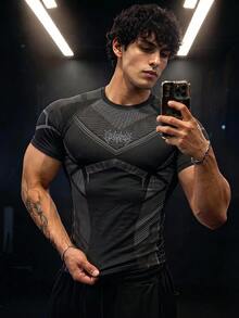 GymBeat Camiseta deportiva de manga corta con rayas y mangas raglán para hombre - Negro - Ver 1