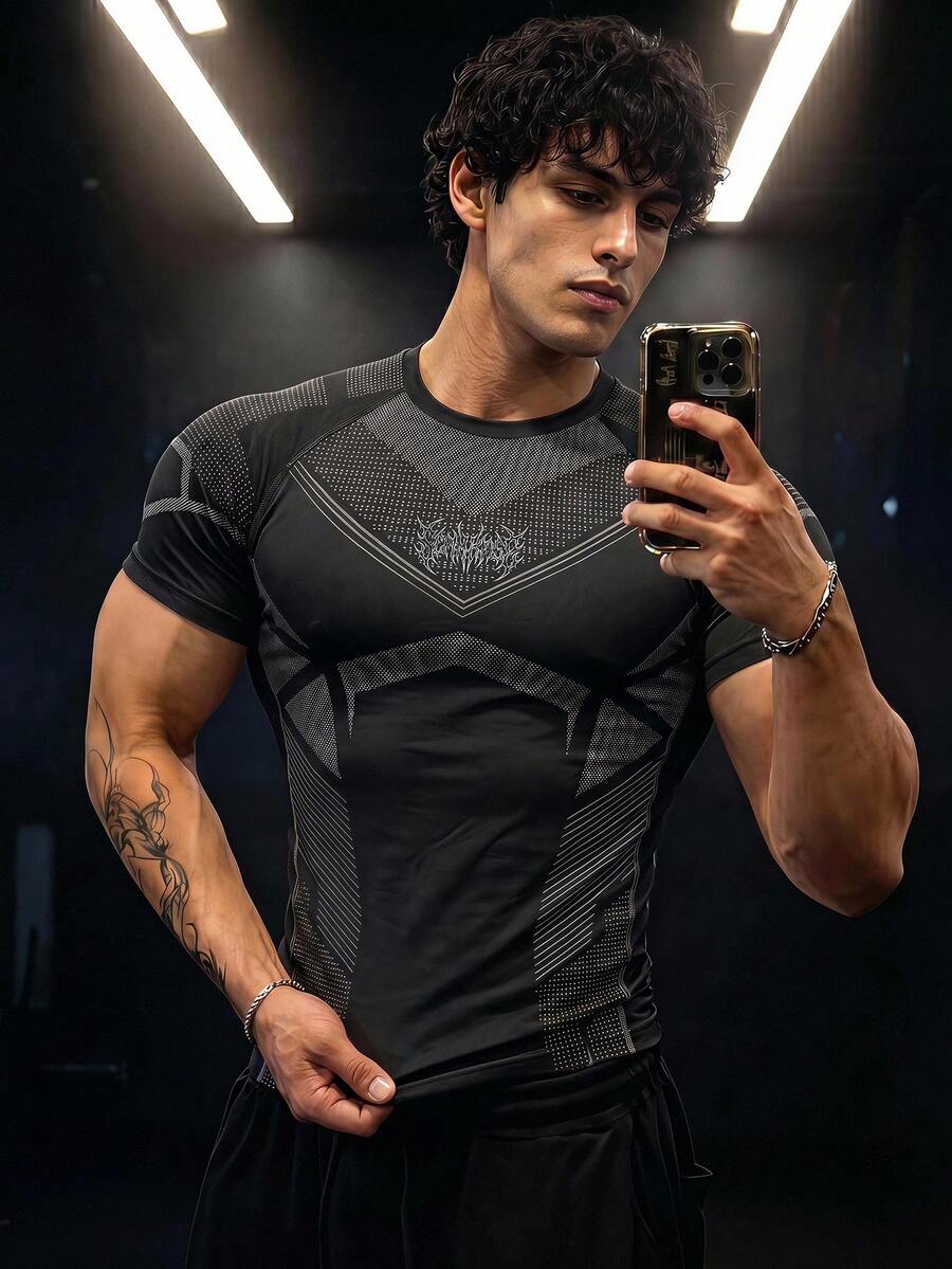 GymBeat Camiseta deportiva de manga corta con rayas y mangas raglán para hombre - Negro - Ver 1