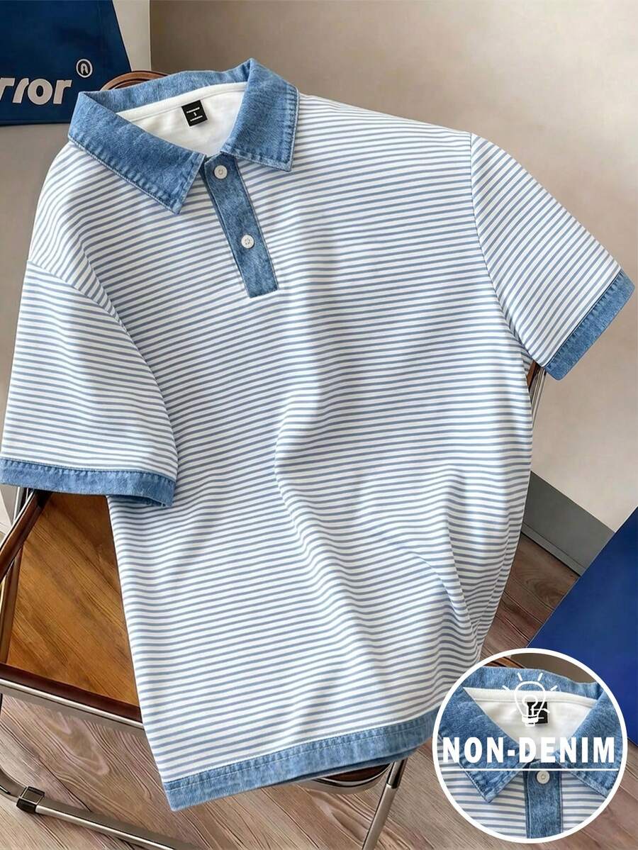 Manfinity Joysei 男士牛仔效果條紋印花 Polo 衫 - 藍色 - 查看 1