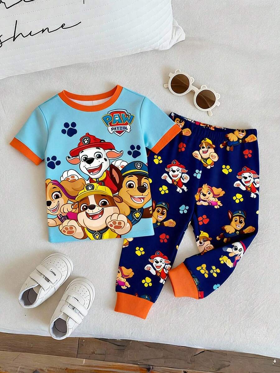 SHEIN | PAW Patrol 小男孩圓領卡通印花短袖上衣與長褲休閒日常居家睡衣套裝 - 彩色 - 查看 1