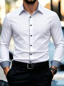 Manfinity Bizformal 男士白色休閒時尚襯衫，正式款 - 白色 - 查看 5