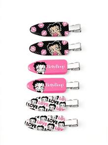 Betty Boop x SHEIN 6入組卡通角色與字母圖案防皺髮夾，不留痕跡，適合洗臉、化妝、護膚使用 - 彩色 - 查看 3
