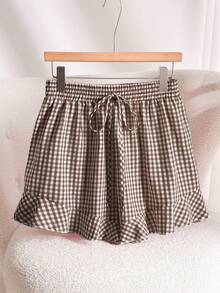 CosyJoli Shorts casuales de talla grande con estampado de cuadros rojos y dobladillo con volantes en línea A - Multicolor - Ver 6