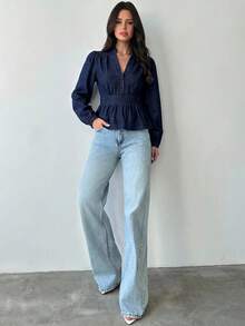 Firerie Women's Notch V-Neck Long Sleeve Button Design Ruffle Hem Denim Top Fall/Winter Elegant Casual Y2k Chic Basic Festival Back To School Going Out Ruffle - Blue - View 6