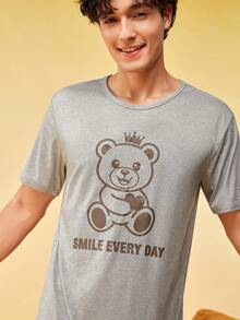 SHEIN Men's Bear & Star Print Crew Neck Loungewear/Casual Set - Light Grey - View 2