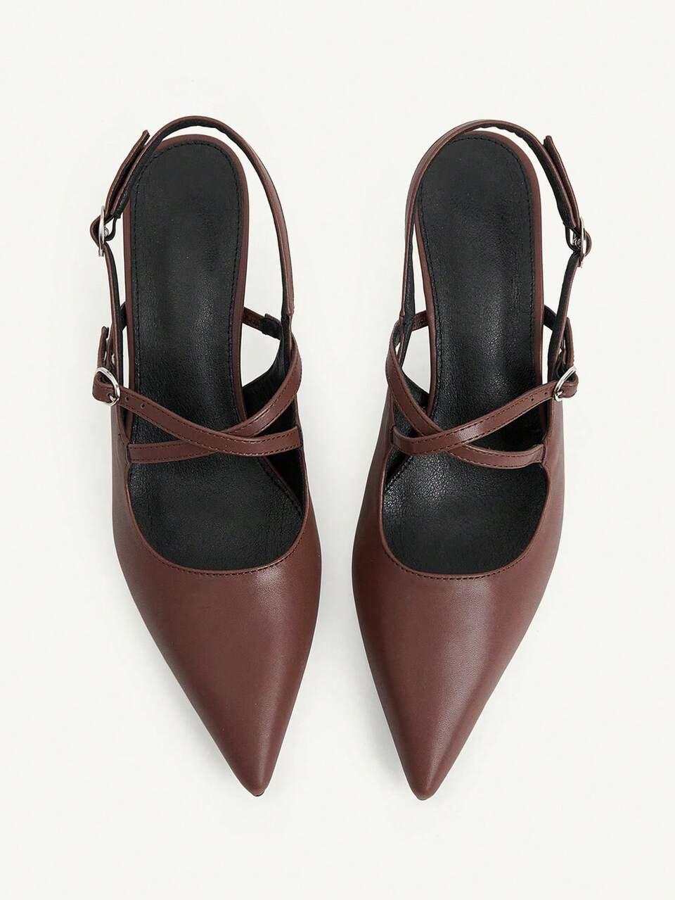 CUCCOO CHICEST Spring And Summer New French Dark Brown Leather Pointed Stilettos Women's High Heels Shoes Double Buckle Strap Rear Strap Commuter Dating
