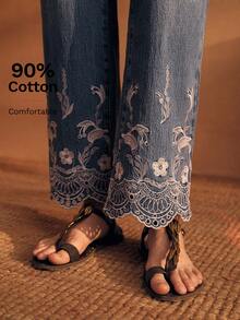 MOTF PREMIUM WOMEN'S EMBROIDERED VACATION DENIM PANTS SWIMMING WHITE SUMMER SEXY - Medium Wash - View 3