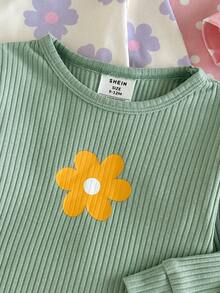 SHEIN Piyama Bayi Perempuan Pas Badan 3 Potong, Atasan Pullover Lengan Panjang Kerah Bulat Bergaris Motif Polkadot & Bunga, Celana Panjang Pinggang Elastis, Pas Badan - MultiWarna - View 6