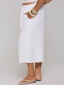 MUSERA Plus Size White Linen Wide Leg Culottes Spring Summer Casual Everyday Day Outfit Going Out - White - View 3