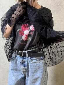 FRIFUL 女款 2 合 1 圓領 T 恤上衣，胸前彩色對比印花裝飾，植絨波點網布拼接袖口與荷葉邊飾，夏季圖案 T 恤 - 灰色 - 查看 7