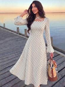Modelyn French Design Square Neck Waist-Cinched Slimming Tie-Up Long Dress For Women - Apricot - View 7