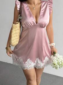 Sunnyshic Plus Size Summer Elegant Lace Patchwork Dress - Pink - View 4