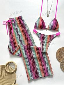 SHEIN Swim Chicsea 26SS 春夏度假海灘派對 BOHO 風輕盈性感熱帶編織亮粉色比基尼泳衣附褲子 3 件套 - 彩色 - 查看 1