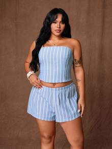 Rustia Plus Size Summer Striped Bandeau Top & Striped Shorts Casual Set - Blue - View 3