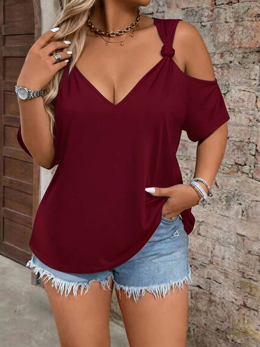 Breezaya Plus Size Casual Solid Color Off-Shoulder T-Shirt, Summer - Burgundy - View 1