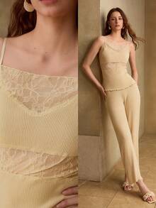 MOTF 2PCS LACE PATCHWORK SPAGHETTI STRAP KNIT TOP AND PANTS SET - Beige - View 1
