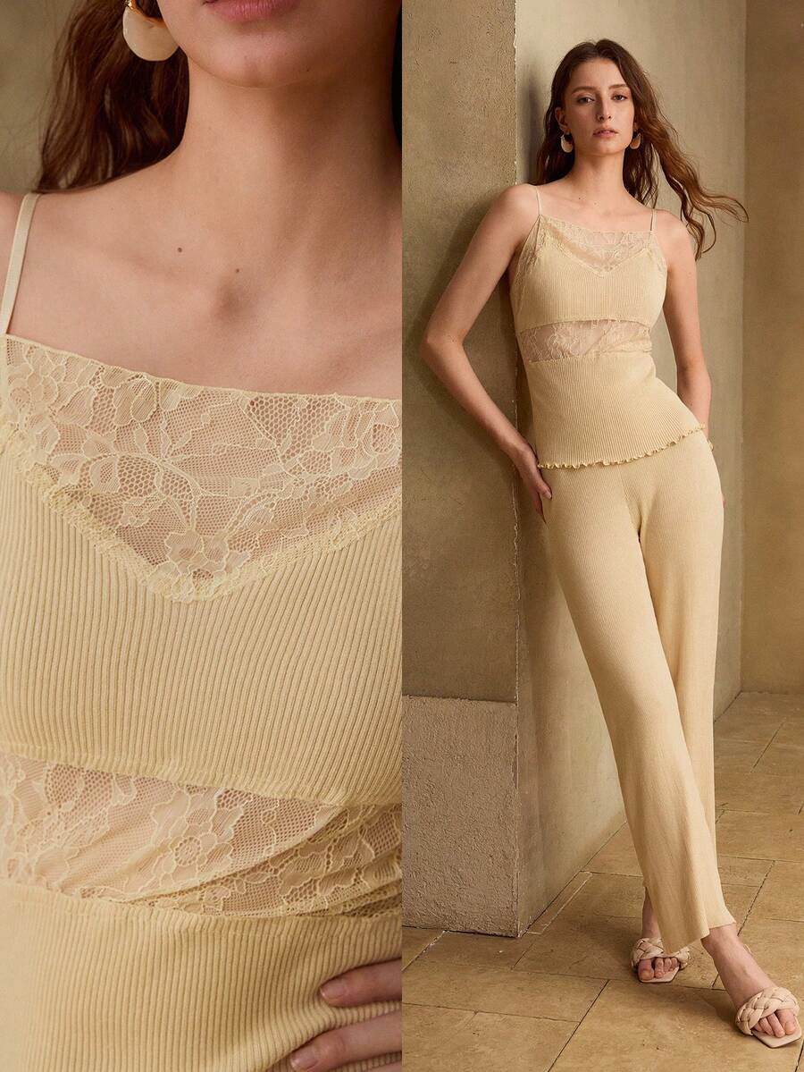 MOTF 2PCS LACE PATCHWORK SPAGHETTI STRAP KNIT TOP AND PANTS SET - Beige - View 1