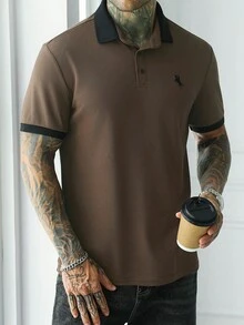 Manfinity Homme 男士刺繡對比羅紋領短袖 Polo 衫，成熟休閒風，適合送給丈夫/男友，假期、約會禮物 - 卡其色 - 查看 7