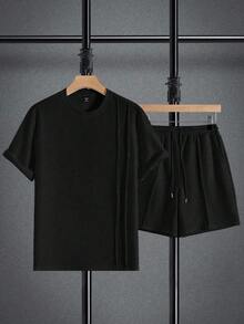 Manfinity Homme 男士夏季基本款纯色针织休闲圆领短袖两件套西装，适合日常休闲穿着，适合送给老公和男朋友的礼物 - 黑色 - 查看 6