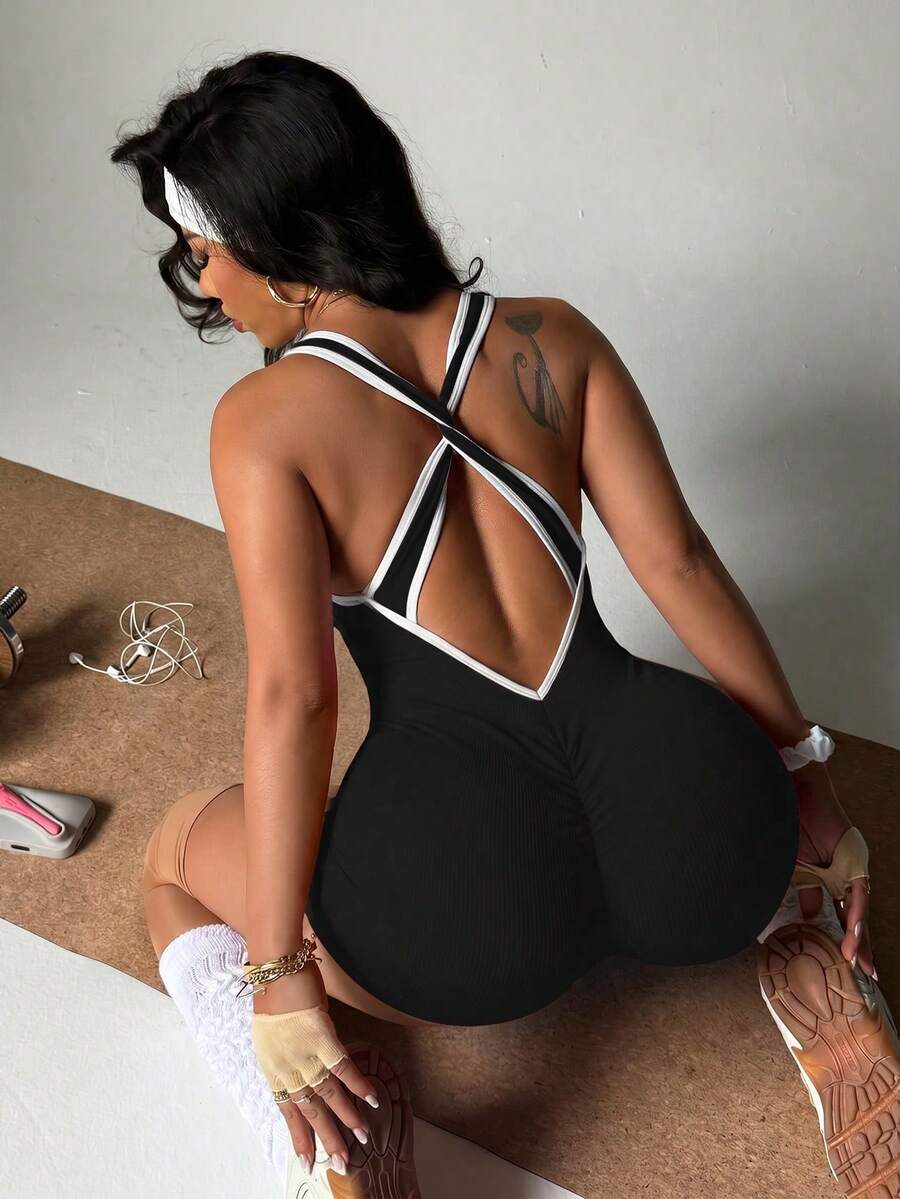 Slayform Slayform Women's Plus Size Backless Athletic Romper Gym Black And White Summer Gym Pilates Gym Pilates - Black - View 1