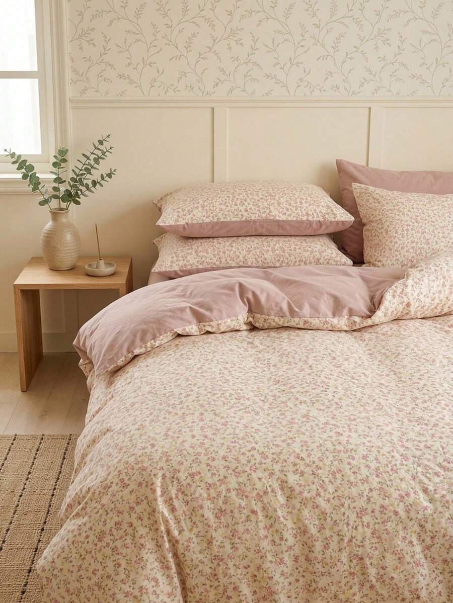 Cirelle 3pcs Polyester Floral Duvet Cover Set - Shabby Chic Pink Ditsy Flower Bedding Set With Soft Reversible (AB-Side) Comforter Cover & 2 Shams (No Insert) - Yingman - View 1