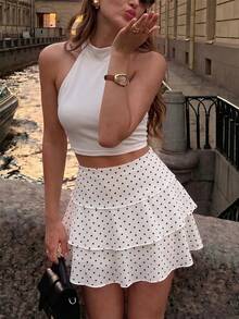 SHEIN PariChic Women's Polka Dot Print Ruffle Hem Skirt - White - View 1