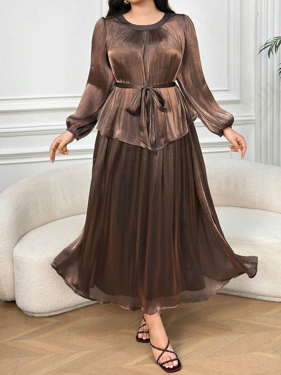 Dazy Plus Fun Commuter Textured Fabric Chiffon Tie-Neck Loose Long Sleeve Top & A-Line Long Skirt Elegant Plus Size Women Spring/Summer 2-Piece Set - Mocha Brown - View 1