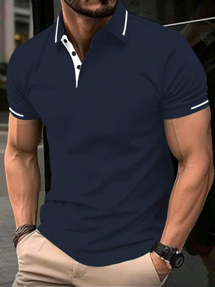 Manfinity Homme 男士拼色休閒百搭通勤旅行短袖 Polo 衫 - 藏蓝色 - 查看 1