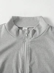SHEIN 青少年女孩運動休閒日常針織素色夾克與喇叭長褲套裝 秋冬穿搭 - 灰色 - 查看 8
