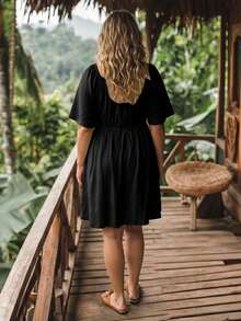 LanaWest CURVE Plus Size Spring/Summer Contrast Lace Vacation Dress - Black - View 2