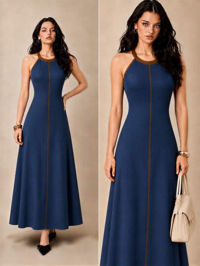Selenza Robe longue d'été pour femme, style vintage, blocs de couleurs bleu et marron, sans manches, col licou et col rond, élégante et polyvalente, cintrée à la taille, coupe trapèze, pour le quotidien et les trajets