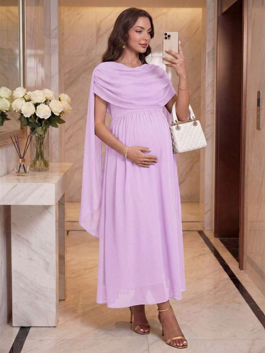 SHEIN 孕婦純色百褶休閒派對與旅行洋裝 - 淡紫色 - 查看 1