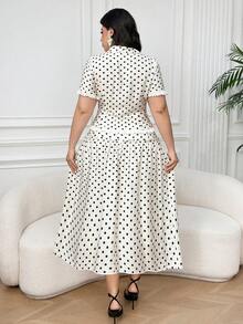 Dazy Plus Polka Dot Cardigan Lace Trim Patchwork Blazer Style Short Sleeve Top & Straight Skirt 2pcs Set, Elegant Commute Plus Size Women Summer - White - View 3