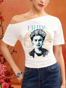 Glamance Frida Kahlo X SHEIN 白色動物印花露肩短袖高彈性T恤背心，優雅圖形藝術成熟休閒性感，適合旅行、派對、夏季 - 白色 - 查看 5
