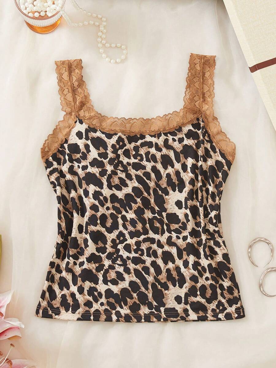 SHEIN 性感蕾絲拼接豹紋細肩帶背心 - 卡其色 - 查看 1