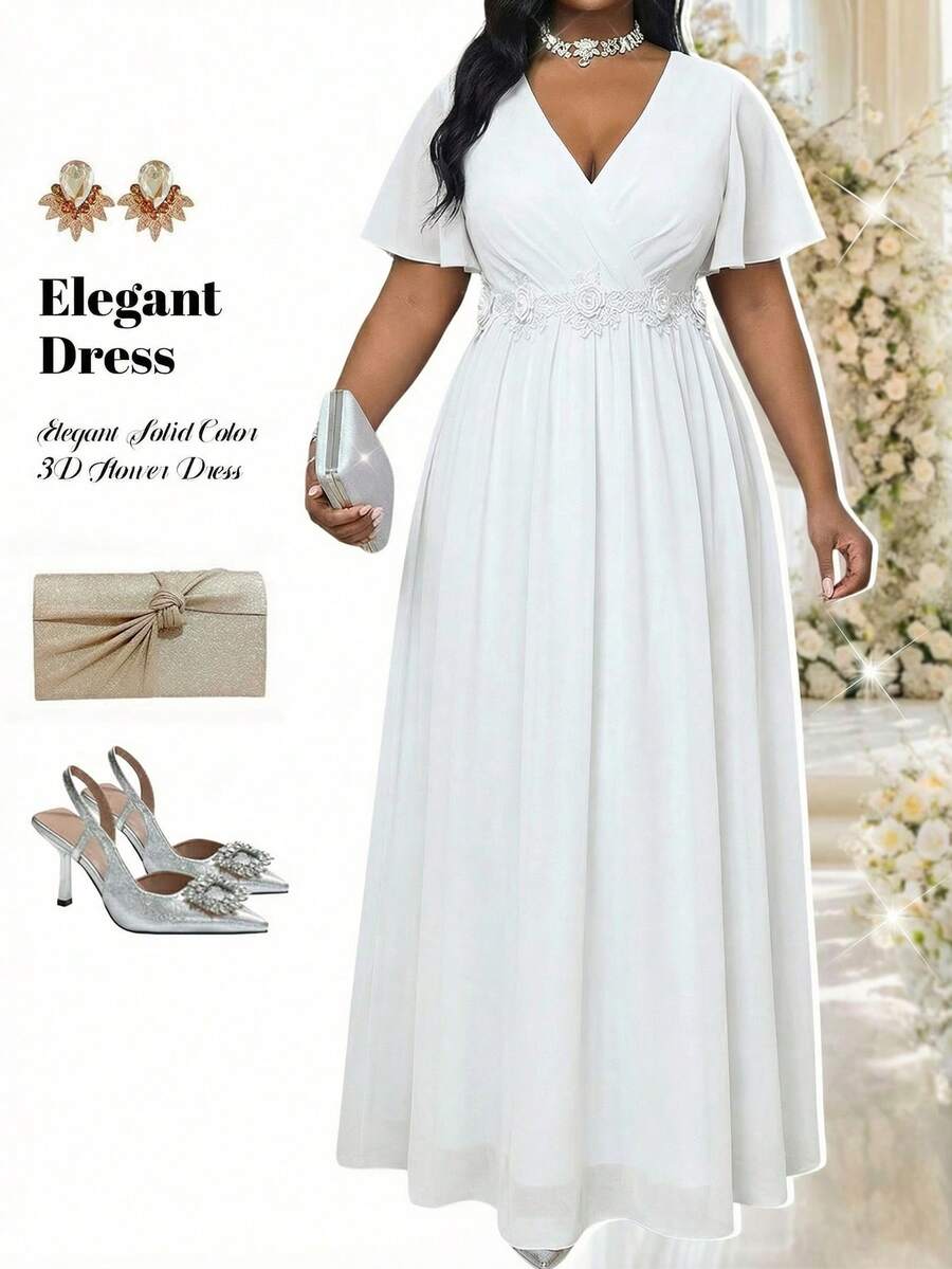 Fleurora 大尺碼白色夏季優雅絲滑婚禮賓客女裝 V領荷葉袖收腰花卉裝飾,特殊場合正式婚禮新娘禮服 - 白色 - 查看 1