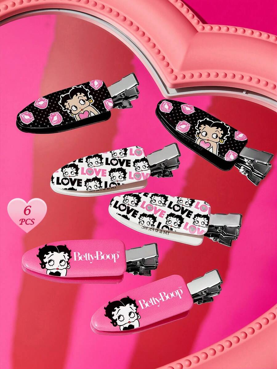 Betty Boop x SHEIN 6入組卡通角色與字母圖案防皺髮夾,不留痕跡,適合洗臉、化妝、護膚使用 - 彩色 - 查看 1