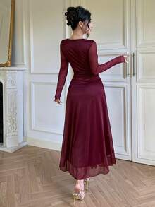 Modelyn Elegant Women's Banquet Dress With Design-Driven Solid Color Mesh, Metal Buckle Decoration, Pleated Slimming Long Sleeve And Flared Hem - Burgundy - View 6