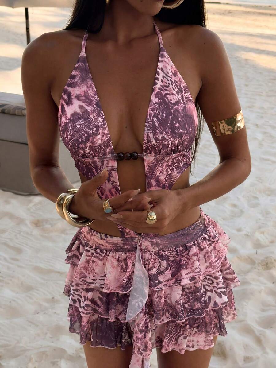 SHEIN Glamour Women's Spring/Summer Vacation Ruched Ruffle Tie-Up Beaded Sexy Tropical Pink Leopard Print Tropical Style Mini Dress Beach Vacation