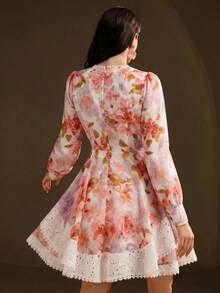 Anewsta Elegant Dress, Chiffon Long Sleeve Floral Short Dress, Patchwork Fabric Striped Heavy Work Dress - Pink - View 3