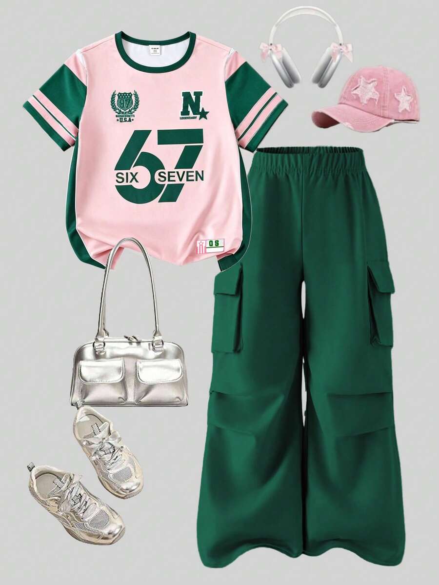 SHEIN 青少年女孩夏季新款美式運動T恤與工裝寬腿褲兩件套，「67 SIX SEVEN」字母與數字胸前印花，附徽章與「N」星形細節，適合派對穿著，實用時尚，島嶼風，海灘週末，夏季穿搭