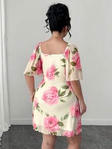 Elenzga Women's French Elegant Casual Vacation Commute, Women's Floral Print Front Tie Ruched Sleeve Square Neck Short Elegant Mini Dress, Women's Commute Outfit, Women's Wedding Guest Dress, Women's Dress, Summer Women's Dress, Summer Outfit, Beach Outfit, Beach Dress, Outing Dress, Women's Vacation Outfit, Vacation Dress, Women's Casual Dress, Women's Elegant Dress, Floral Print Front Tie Ruched Sleeve Short Elegant Mini Dress - Multicolor - View 3