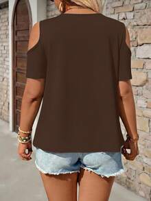 Breezaya Camiseta de hombros descubiertos de unicolor casual de verano talla grande - Marrón - Ver 2