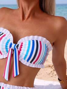 Swim Mod Spring/Summer Beach Vacation Vacation White Print 2 Pieces Set, Ruched Neckline, Ruffled Hem Pants Tropical - Multicolor - View 5