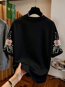 少女休閒可愛優雅圖案短袖寬鬆落肩T恤，適合夏季派對，黑色 - 白色 - 查看 2