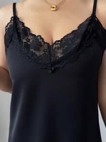 SHEIN Raffinéa 女款純色對比蕾絲細肩帶背心與長褲優雅兩件套 - 黑色 - 查看 7