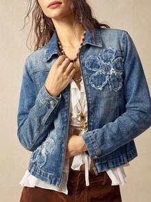 Bohemela Casual 70s Retro Streetwear 90s Solid Color Woven Denim Fitted Women's Jacket Everyday Going Out Birthday Blue Autumn - Blue - View 5