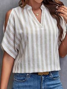 SHEIN Clasi 女款條紋缺口V領休閒百搭日常外出襯衫 - 杏色 - 查看 4