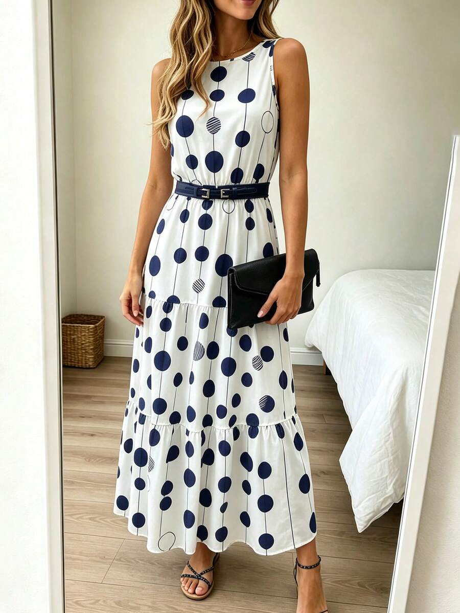 Louniche 女款夏季休閒時尚波點印花無袖A字長洋裝,適合度假與夏季穿著,鄉村音樂會穿搭,印花洋裝適用於派對、約會、婚禮季、通勤上班、商務優雅、聖誕節、畢業季、返校季、畢業典禮、教師節、情人節、感恩節、母親節、音樂節,日常穿著 - 彩色 - 查看 1